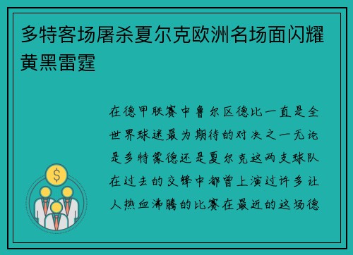 多特客场屠杀夏尔克欧洲名场面闪耀黄黑雷霆